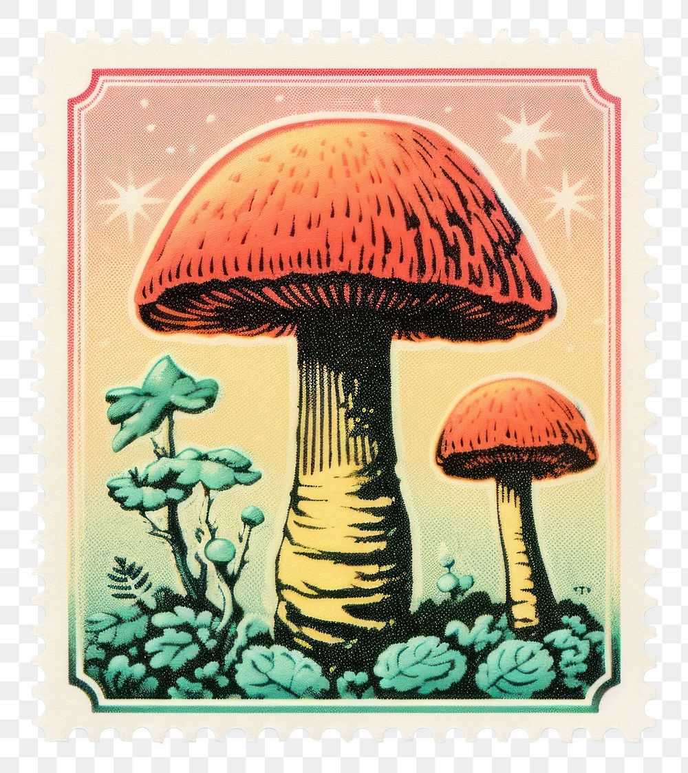 PNG  Mushroom Risograph style fungus plant postage stamp.