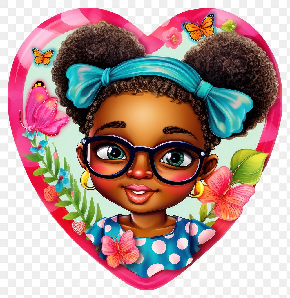 PNG African girl printable sticker portrait heart toy.