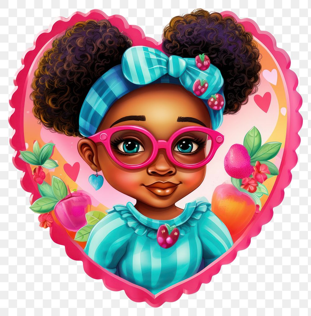 PNG African girl printable sticker portrait glasses heart.