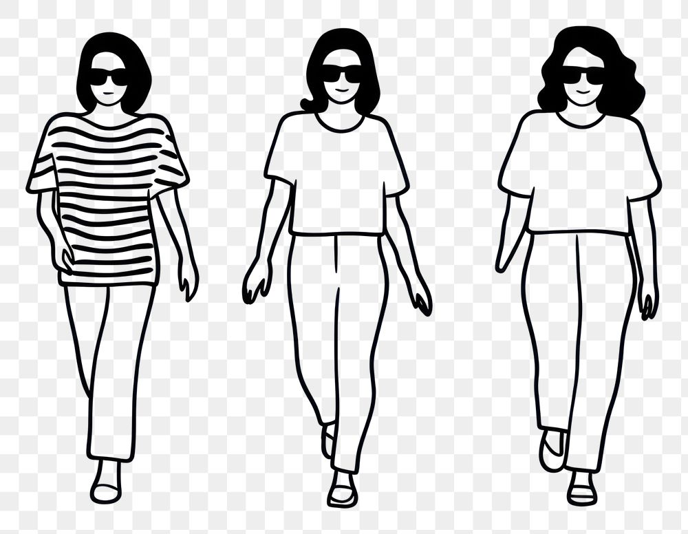 PNG Three woman walking wearing sunglasses drawing footwear cartoon.