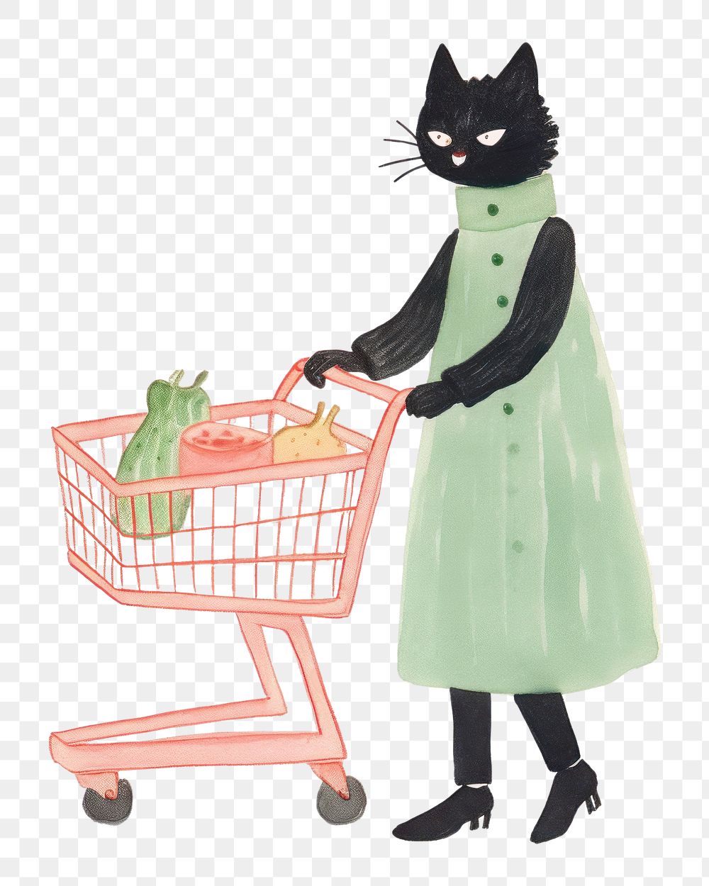 PNG Simple abstract character in Risograph printing illustration minimal of a happy black cat enjoy shopping basket mammal…