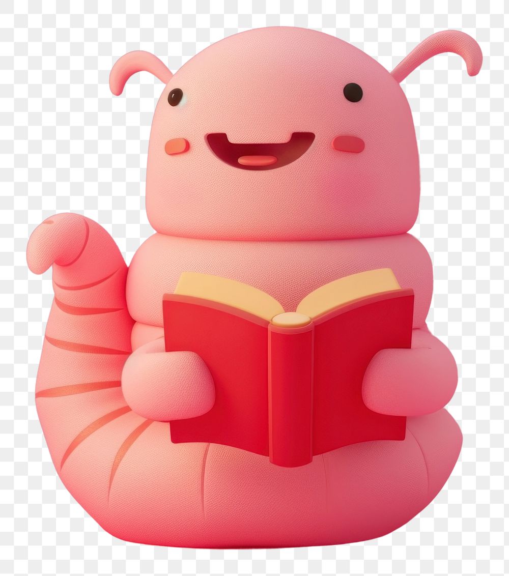 PNG  Worm reading a book cartoon toy representation.