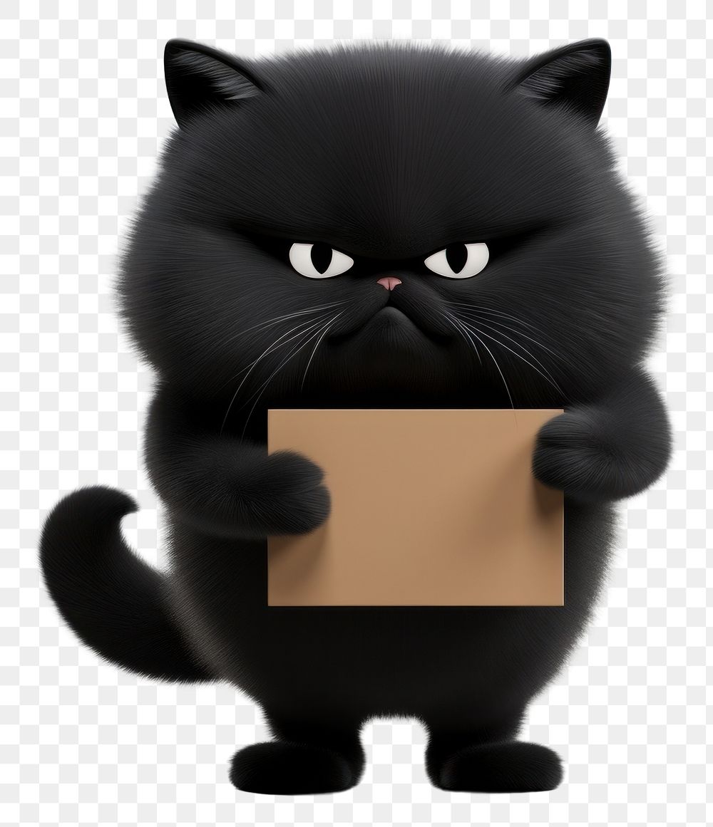 PNG Sad Black cat holding board animal cardboard mammal.
