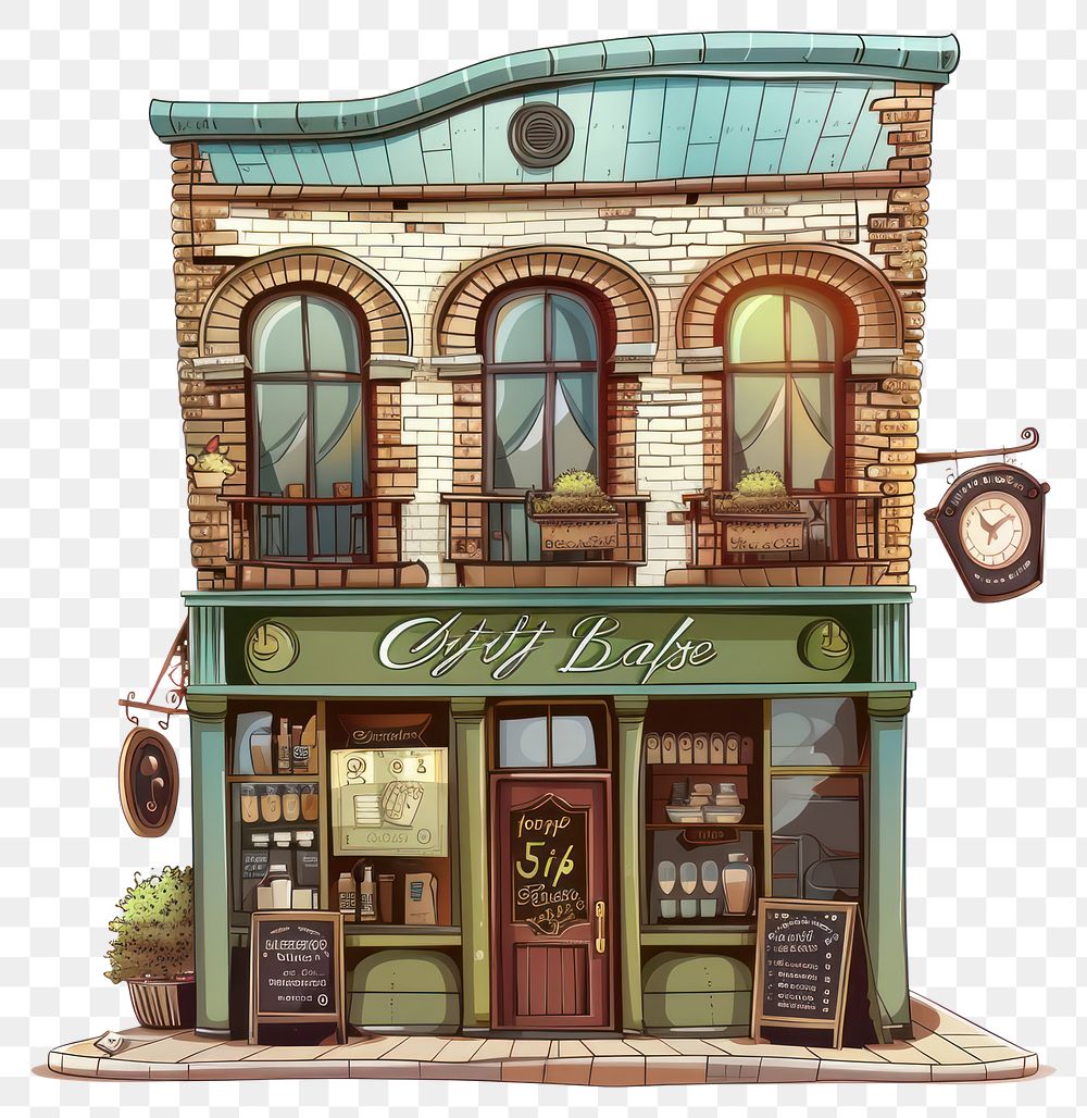 PNG Cartoon of Coffee shop architecture building city.