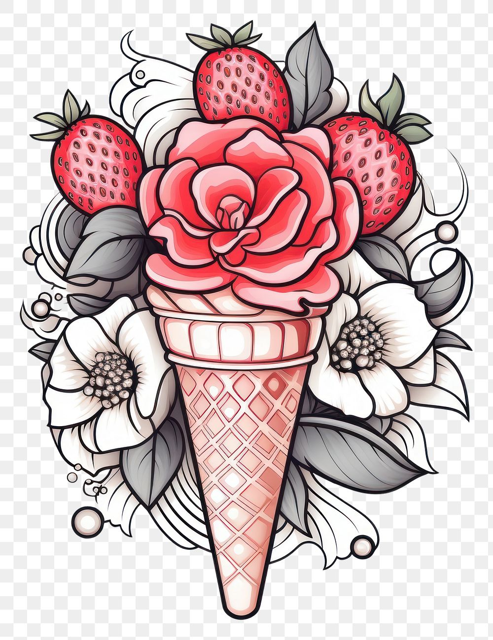 PNG Strawberry ice cream dessert drawing sketch.