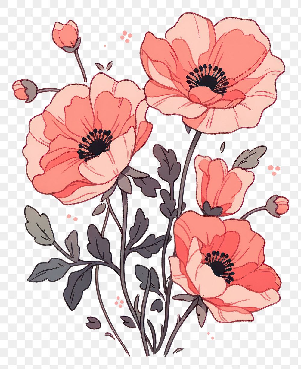 PNG Pink poppies flower pattern drawing sketch.