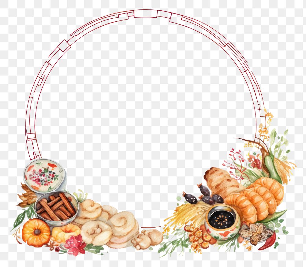 PNG Chinese food border watercolor wreath meal celebration.