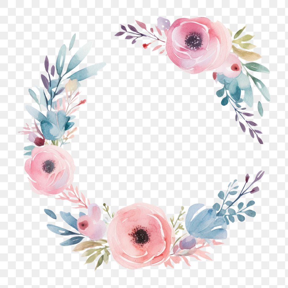 PNG Flower wreath frame watercolor pattern plant white background.