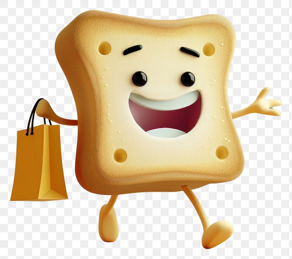 PNG Toast character holding shopping bag cartoon smiling anthropomorphic.