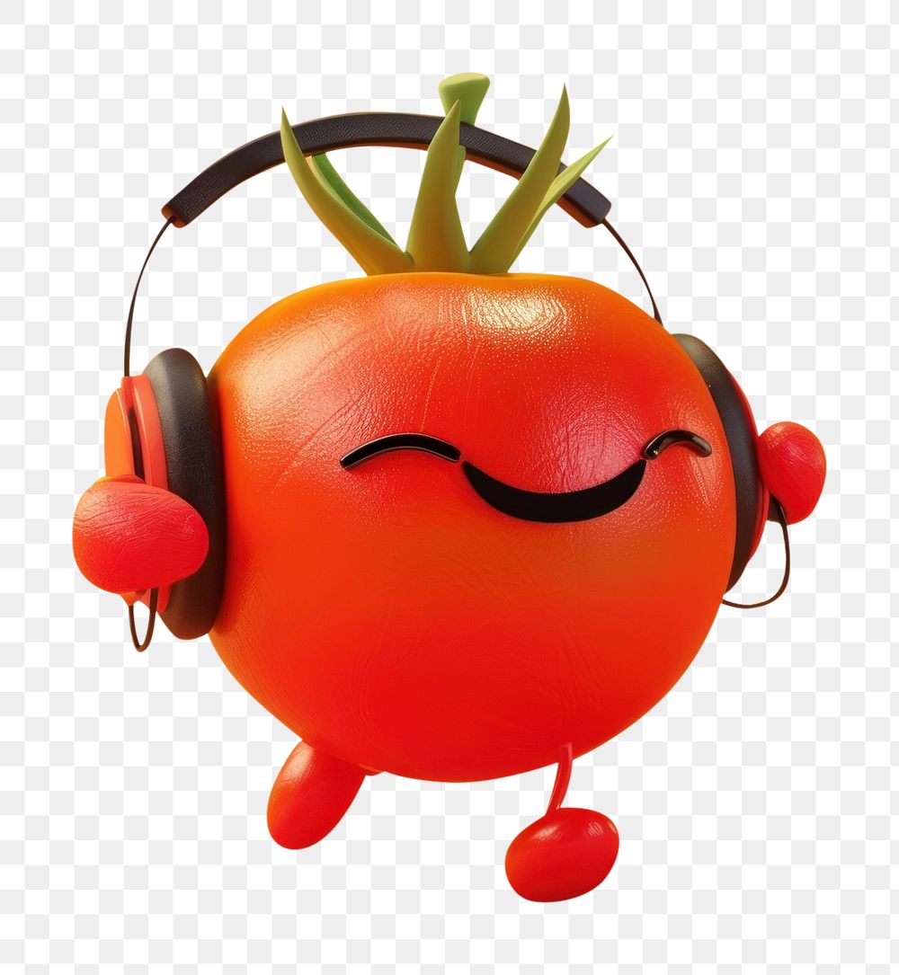 PNG Tomato character wearing headphones cartoon fruit plant.