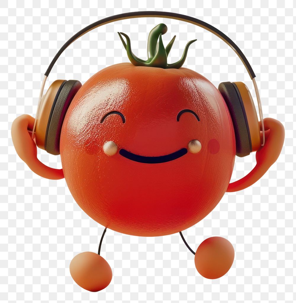 PNG Tomato character wearing headphones cartoon smiling anthropomorphic.