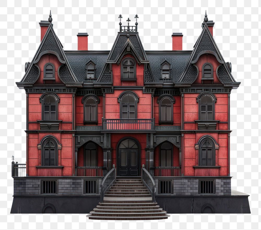 PNG Architecture illustration haunted house building red white background.