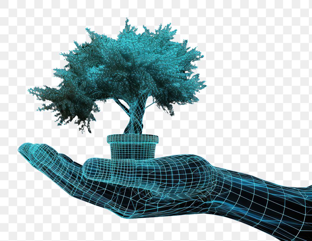 PNG  Glowing wireframe of hand holding tree pot nature plant black background.