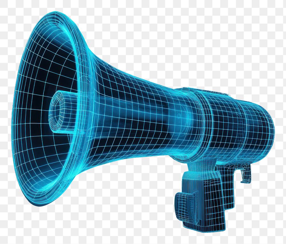 PNG  Glowing wireframe of megaphone diagram black background illuminated.