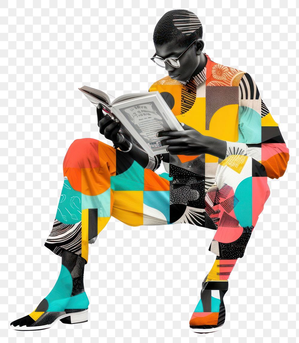 PNG Paper collage of black boy reading book footwear sitting art