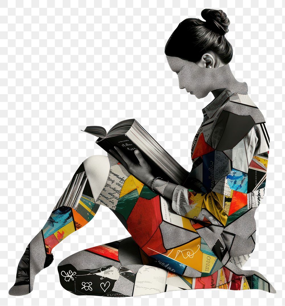 PNG Paper collage of girl reading book art adult creativity.