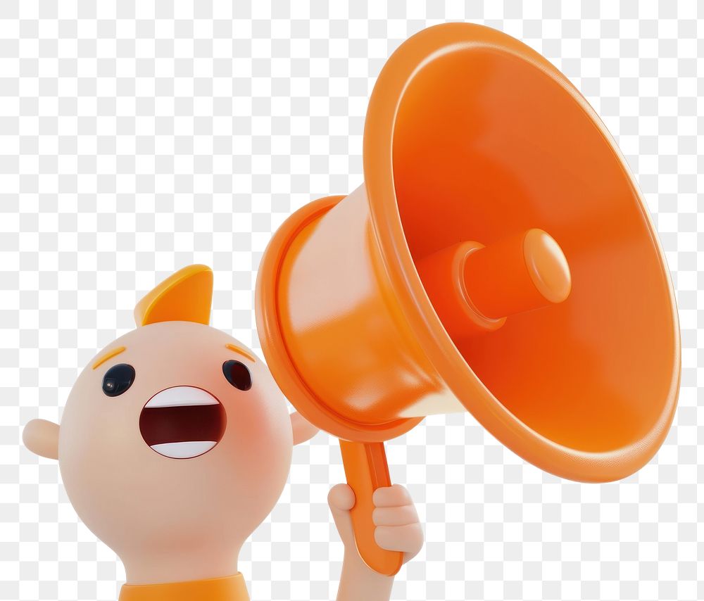 PNG Hand holding orange megaphone toy white background representation.