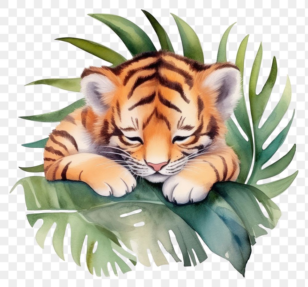 PNG Watercolor baby tiger sleeping animal wildlife cartoon.