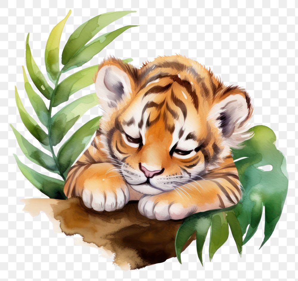 PNG Watercolor baby tiger sleeping animal wildlife cartoon.