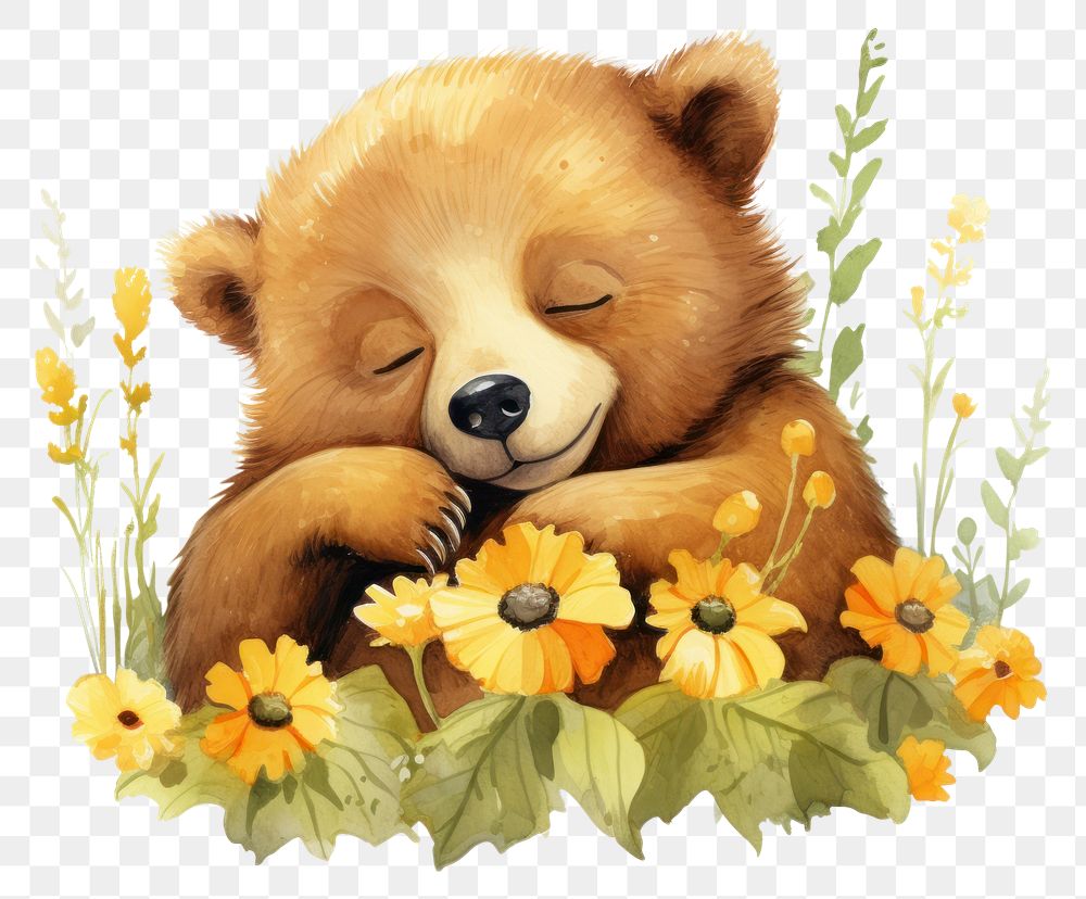 PNG Watercolor baby bear sleeping animal flower cartoon.