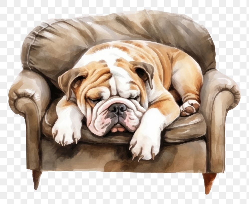 PNG Watercolor bulldog sleeping animal furniture armchair.