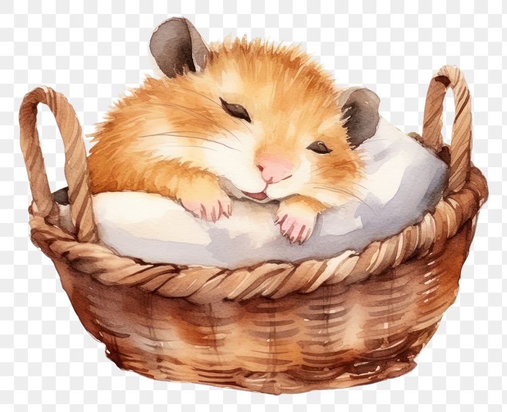 PNG Watercolor hamster sleeping animal basket cartoon.