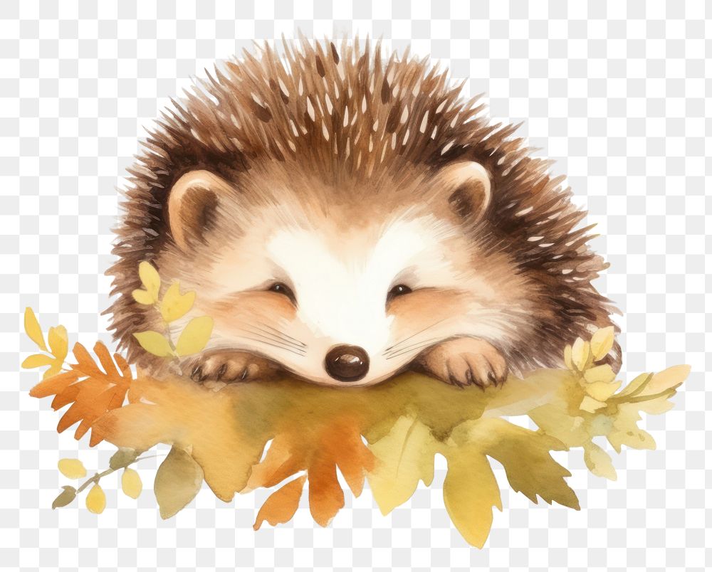 PNG Watercolor hedgehog sleeping animal porcupine cartoon.