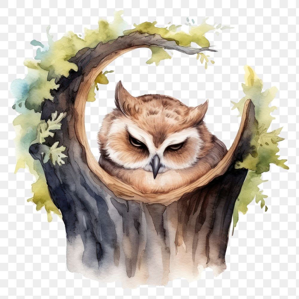 PNG Watercolor owl sleeping animal painting cartoon.