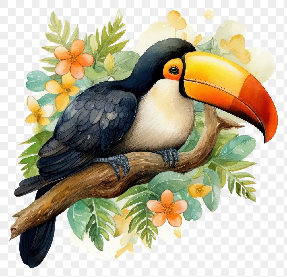 PNG Watercolor toucan sleeping animal cartoon bird.