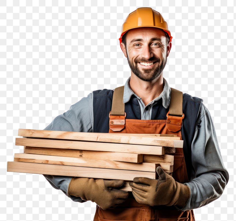 PNG Portrait of a smiling carpenter holding wood planks portrait hardhat helmet
