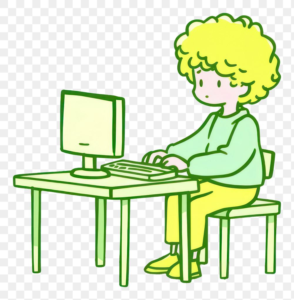 PNG Kid playing computer furniture cartoon table.