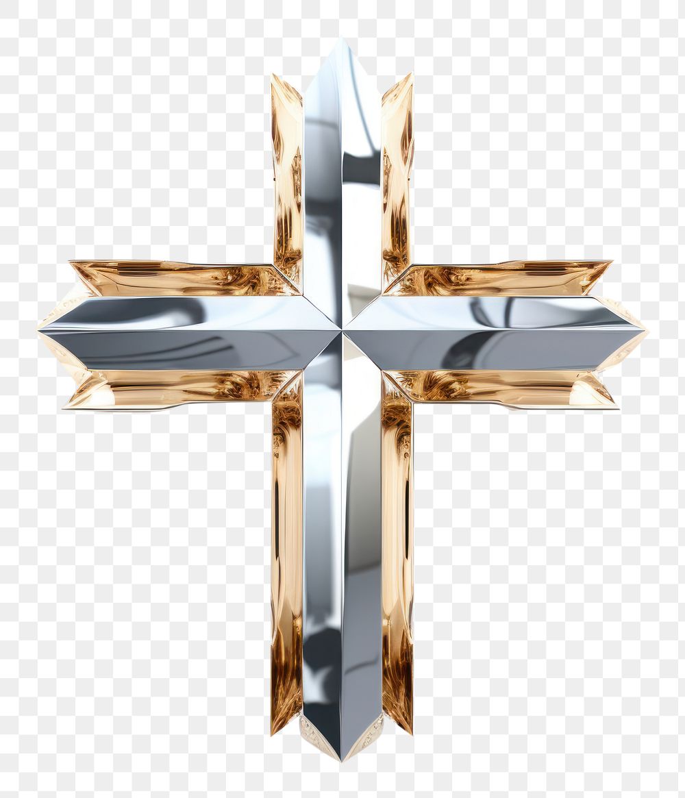 PNG 3d render of a christian cross in surreal abstract style crucifix symbol metal.