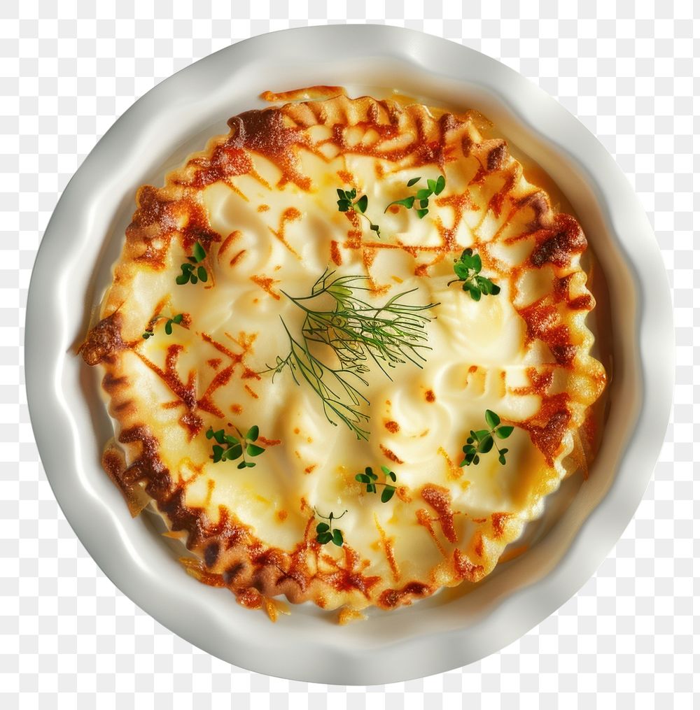 PNG British fish pie in a white ceramic plate food meal.