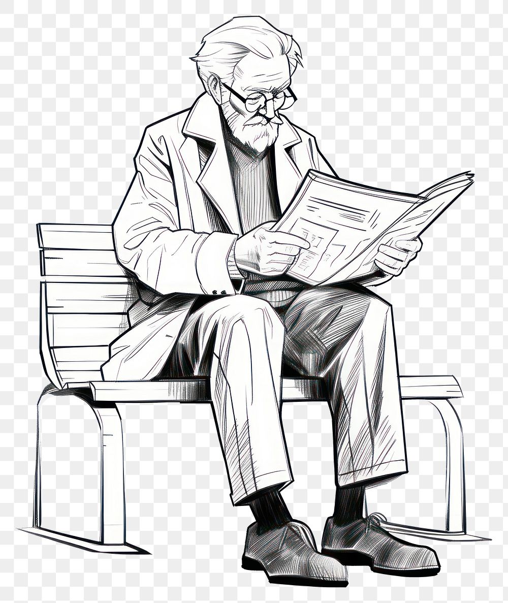 PNG Old man sitting on bench sketch drawing reading.