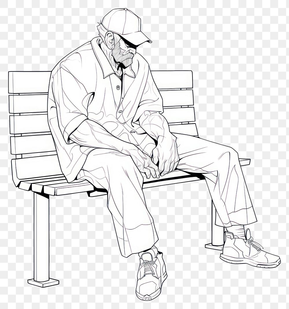 PNG Old man sitting on bench sketch footwear drawing.
