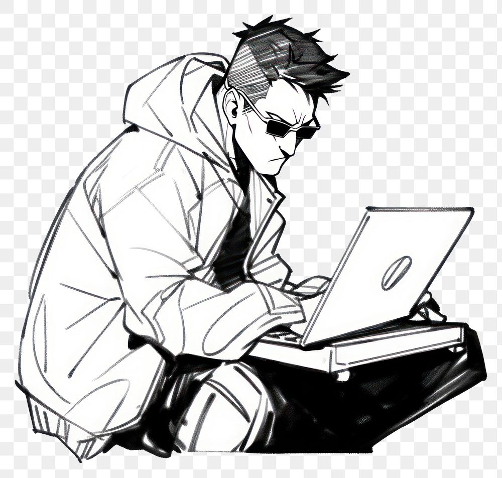 PNG Hacker with laptop sketch drawing cartoon.