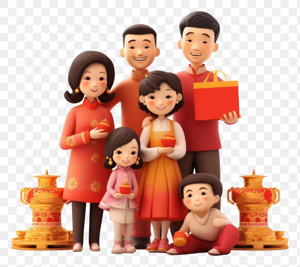 PNG Chinese family celebrating chinese new year figurine child cute.