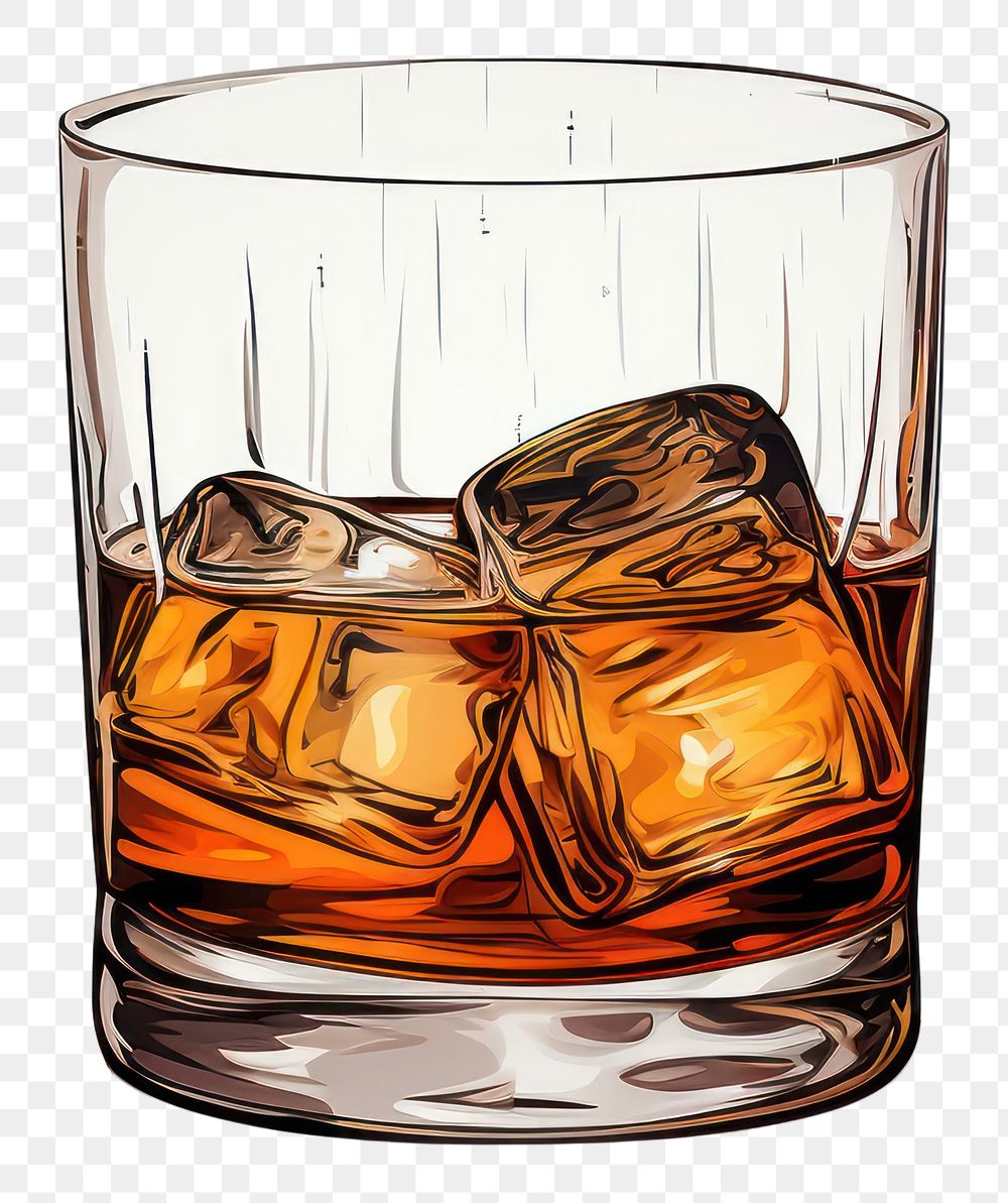 PNG A cartoon-like drawing of a whiskey whisky drink glass.
