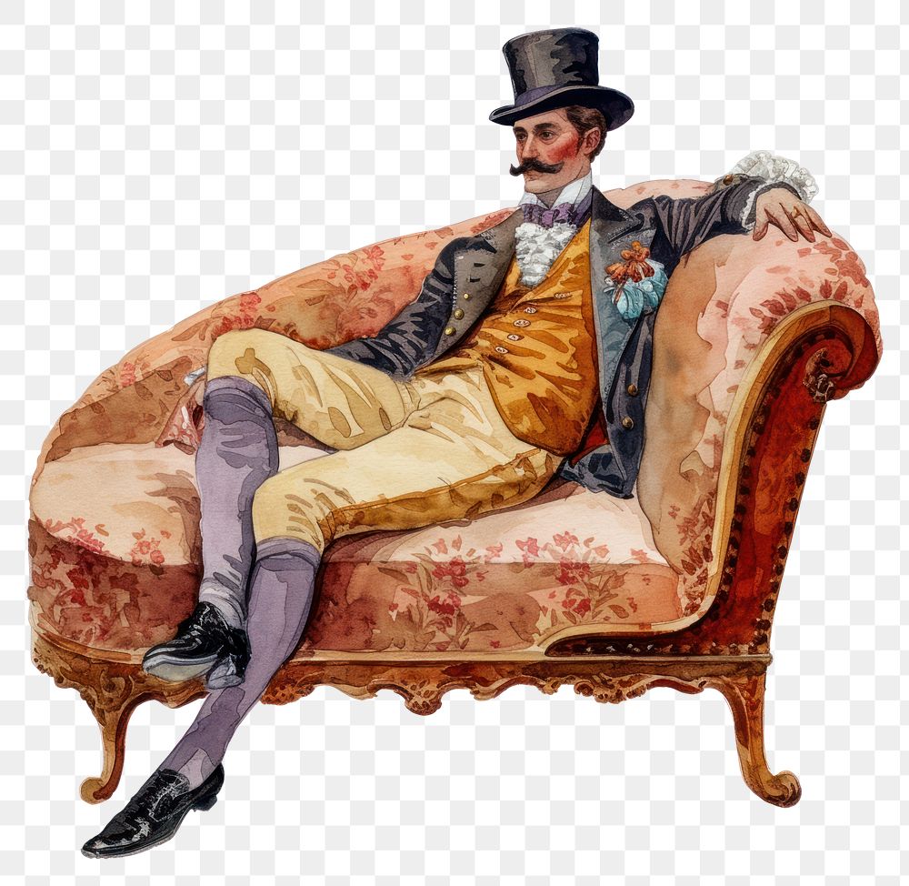 PNG Antique furniture watercolor sitting adult man.