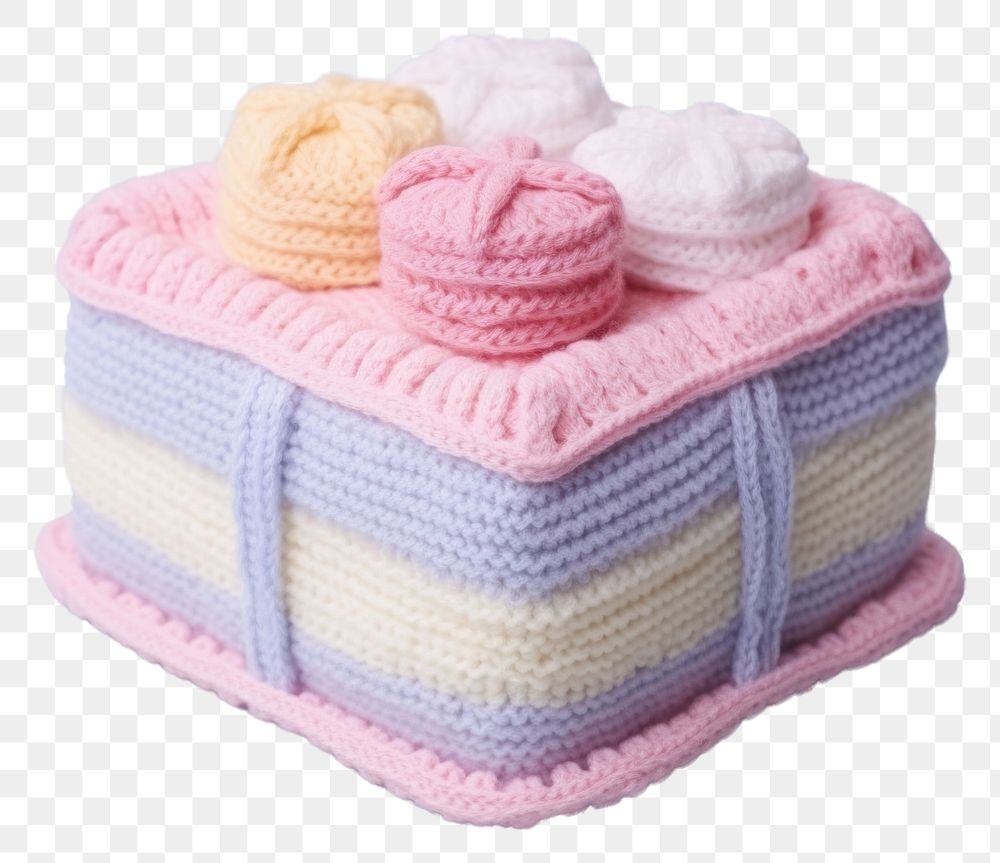 PNG Knitted cute toy cake knitted box container.