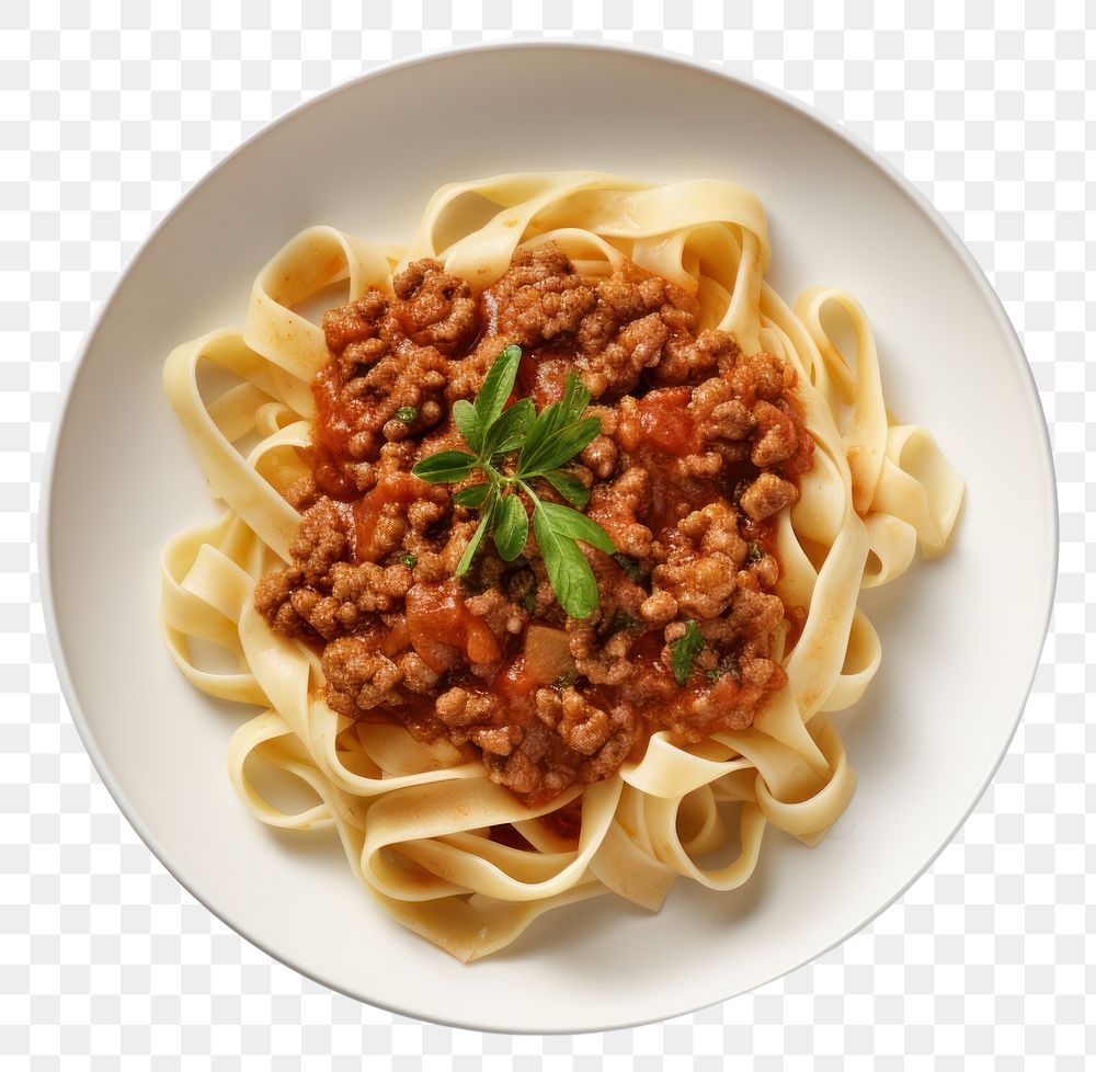 PNG Tagilatelle pasta bolognese plate spaghetti food.