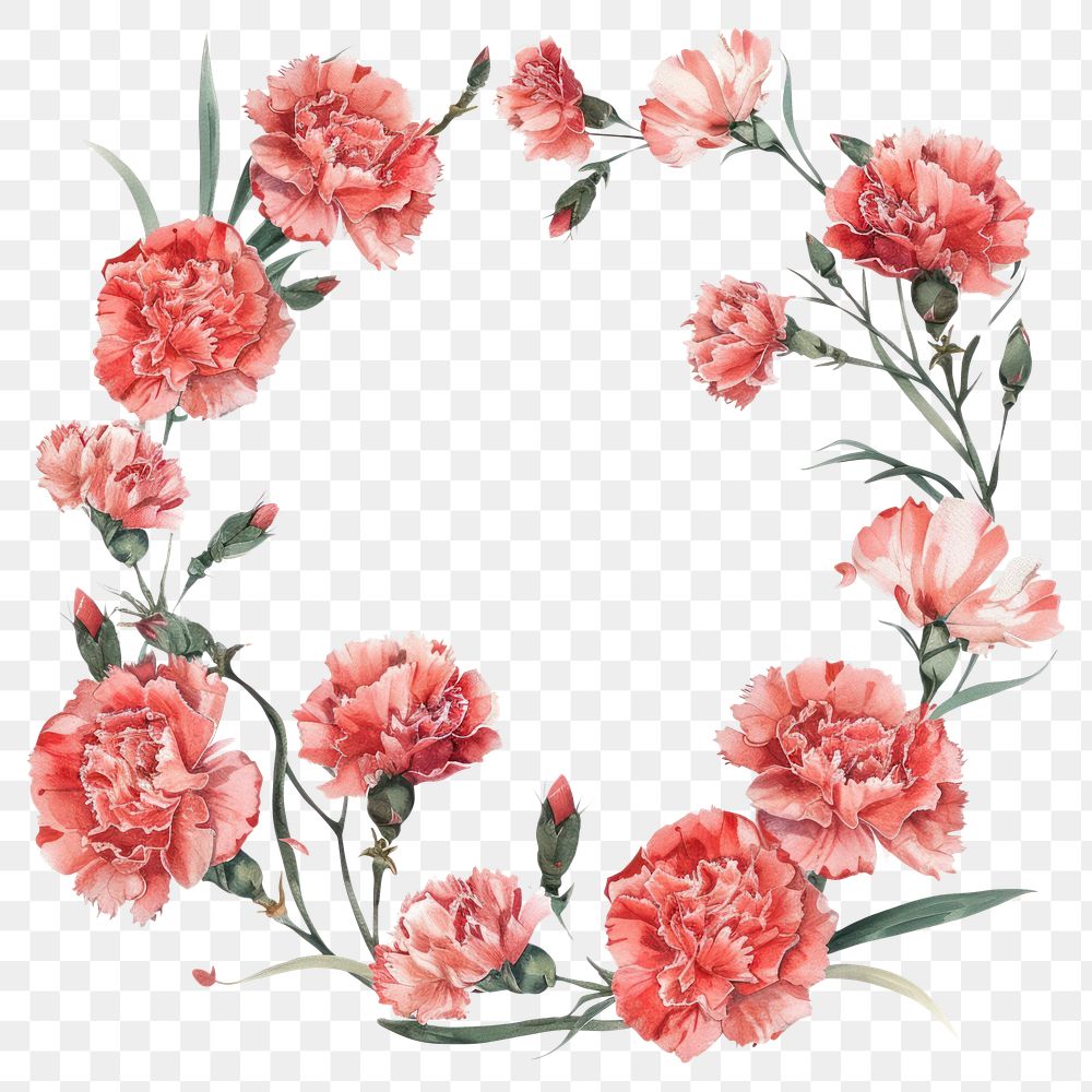 PNG Carnation flowers border watercolor circle plant white background.