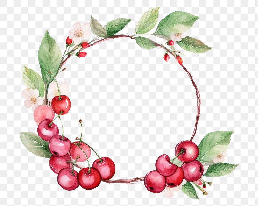 PNG Cherry border watercolor wreath plant food.