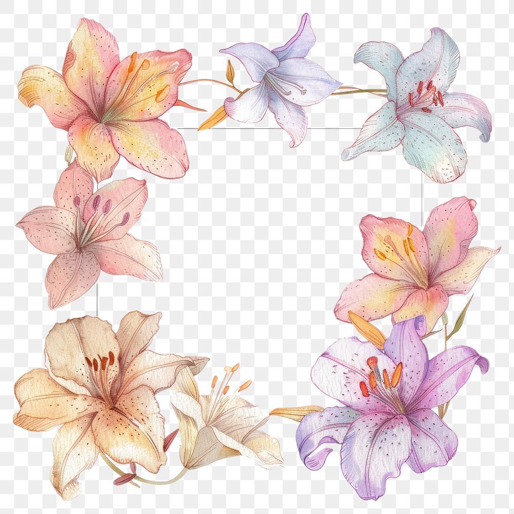 PNG Lily flowers border watercolor petal plant white background.