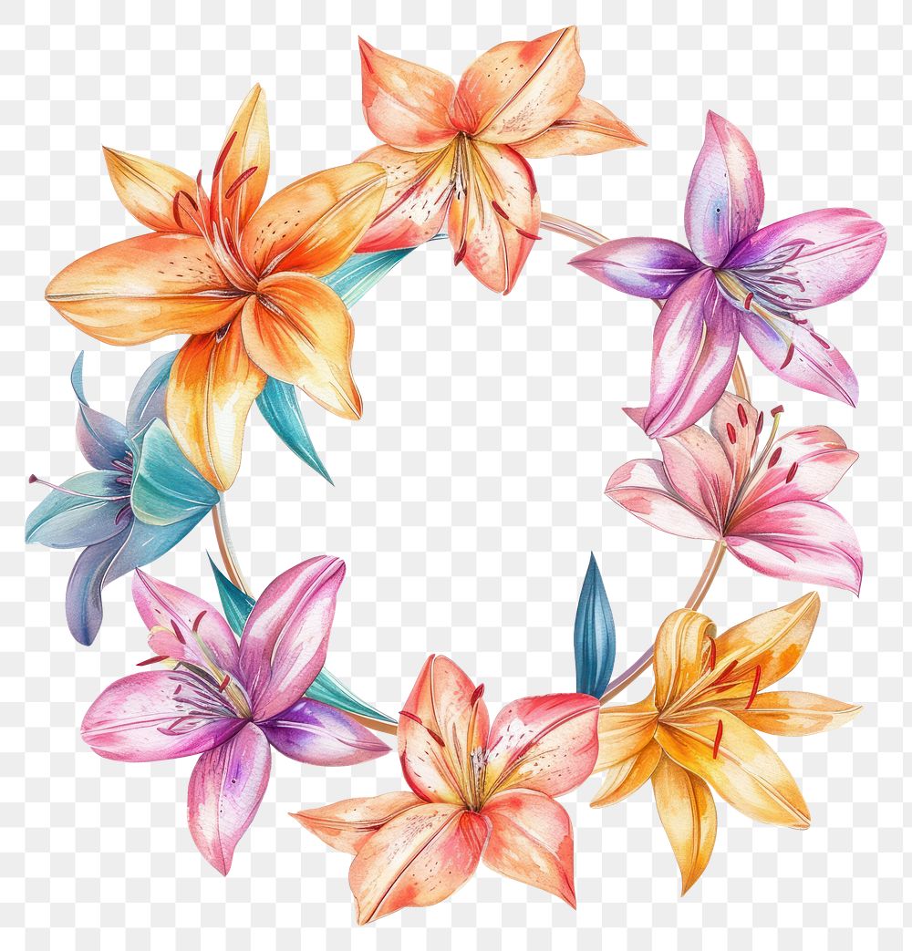 PNG Lily flowers border watercolor pattern circle wreath.