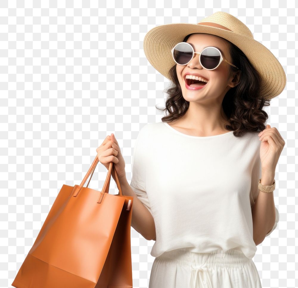 PNG Asian woman holding shopping bag cheerful laughing glasses.