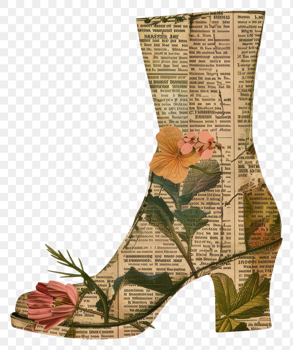PNG Ephemera minimal flower boot art footwear paper.