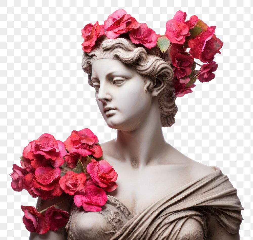 PNG Ancient female Greek sculpture decorate with Rose flowers portrait rose art