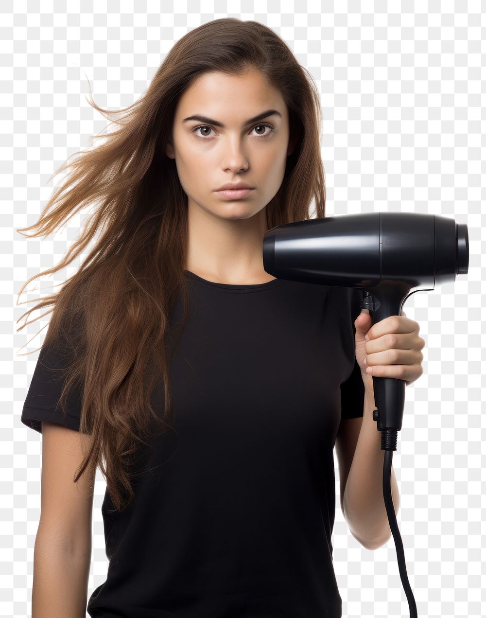 PNG A person holding a hair dryer white background technology hairstyle.