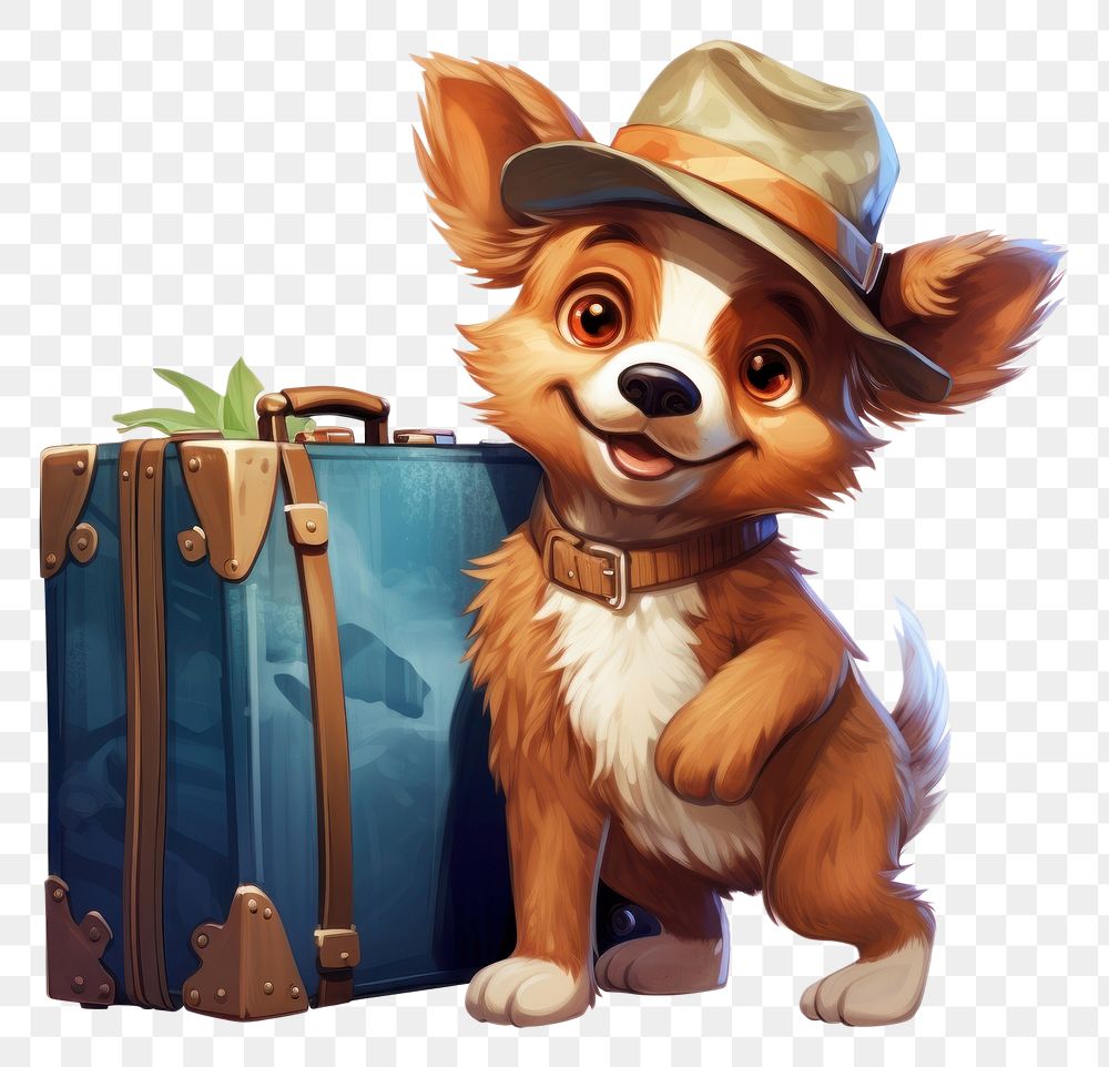 PNG Dog character traveling suitcase cartoon mammal.